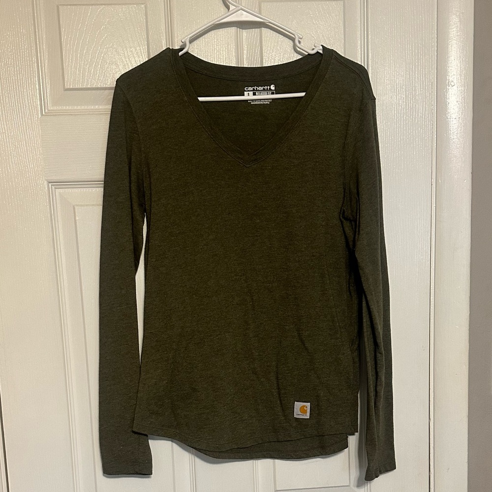 Army Green Carhartt Long Sleeve V-Neck Shirt